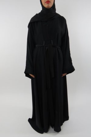 Amanis-Plain-Black-Open-Abaya-With-Belt-Style-UK-1