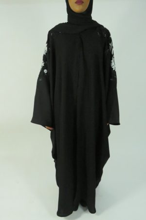 Amanis-Black-and-White-Floral-Embroidery-Open-Abaya-UK-2