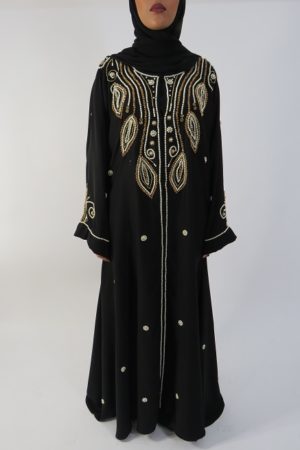 Amanis-Gold-and-Black-Beads-Occasion-Abaya-UK-1