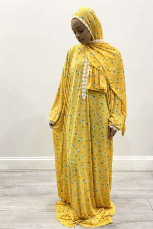 ONE PIECE PRAYER DRESS WITH ATTACHED HIJAB - BRIGHT YELLOW 1