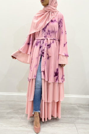 AMANI'S LEMONADE PINK TIE DYE LAYERED OPEN ABAYA 1