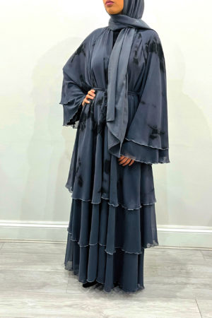 AMANI'S SLATE GRAY TIE DYE LAYERED OPEN ABAYA 1