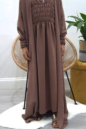 KIDS TWO PIECE JACKET ABAYA WITH BELT - RUSSETT BROWN 1