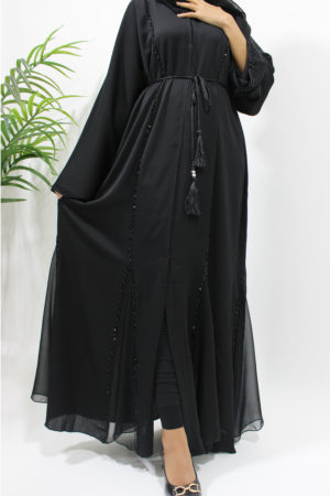 BLACK OPEN ABAYA WITH BLACK EMBELLISHED PIPING 1