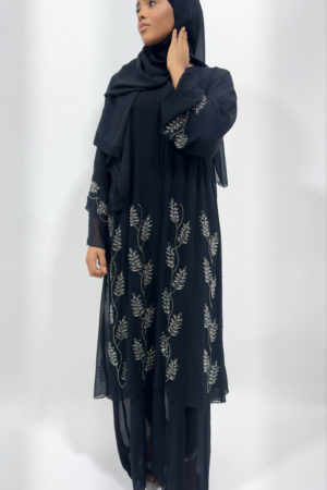 DOUBLE CHIFFON OPEN ABAYA WITH EMBELLISHMENT - BLACK 1