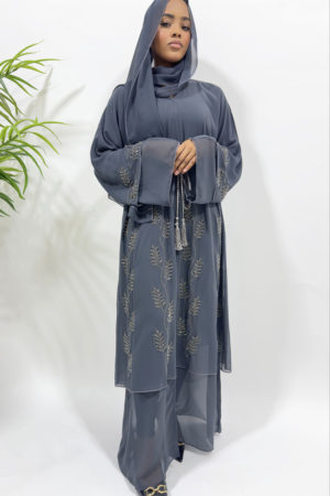 DOUBLE CHIFFON OPEN ABAYA WITH EMBELLISHMENT - GREY 1