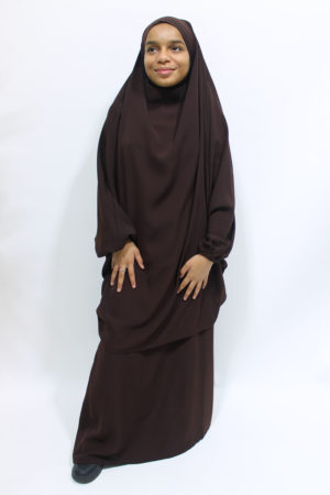 GIRLS JILBAB AND SKIRT SET - DARK BROWN 1