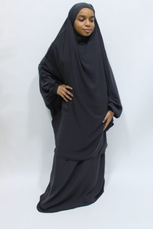 GIRLS JILBAB AND SKIRT SET- DARK GREY 1