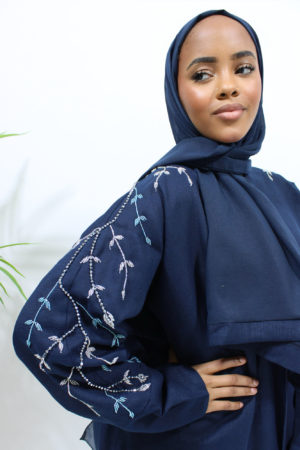 LINEN BLEND HAND EMBELLISHED BISHT ABAYA - NAVY BLUE 1