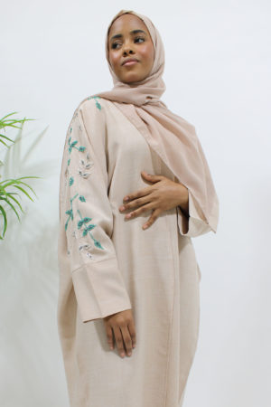 LINEN BLEND HAND EMBELLISHED BISHT ABAYA - NUDE 1