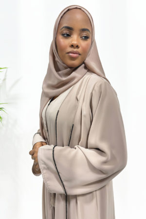 NUDE DOUBLE LAYER OPEN ABAYA WITH EMBELLISHED PIPING 1