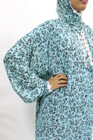 ONE PIECE LACE TRIM FLORAL JERSEY STRETCH ISLAMIC PRAYER DRESS - BRIGHT TURQUOISE 1