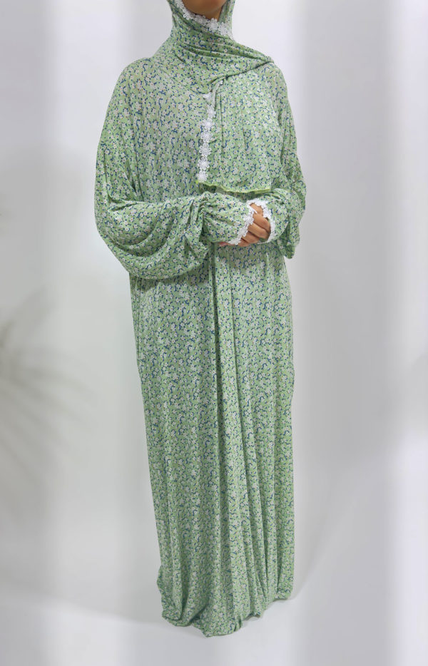 ONE PIECE LACE TRIM FLORAL JERSEY STRETCH ISLAMIC PRAYER DRESS - SOFT GREEN 1