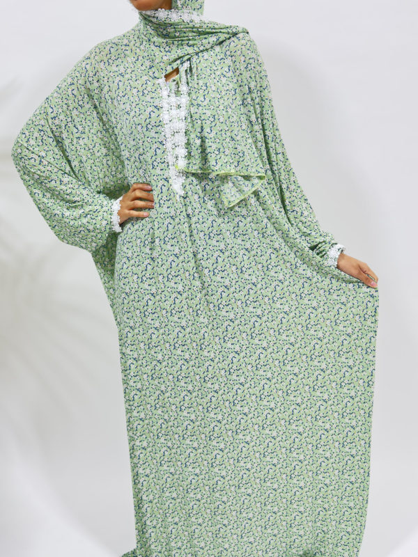 ONE PIECE LACE TRIM FLORAL JERSEY STRETCH ISLAMIC PRAYER DRESS - SOFT GREEN 1