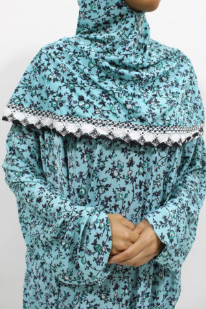 ONE PIECE SLIP-ON FLORAL JERSEY STRETCH ISLAMIC PRAYER DRESS - BRIGHT TURQUOISE 1