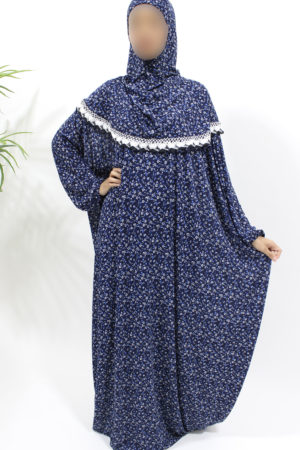 ONE PIECE SLIP-ON FLORAL JERSEY STRETCH ISLAMIC PRAYER DRESS - NAVY 1