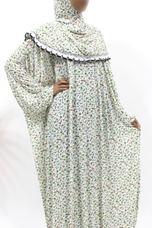 ONE PIECE SLIP-ON FLORAL JERSEY STRETCH ISLAMIC PRAYER DRESS - WHITE FLORAL 1