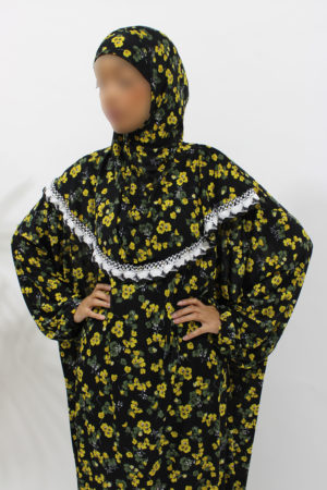 ONE PIECE SLIP-ON FLORAL JERSEY STRETCH ISLAMIC PRAYER DRESS - YELLOW FLORAL 1