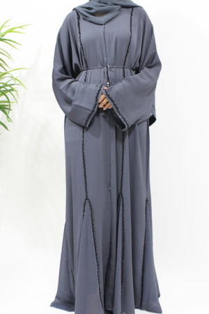 SLATE GREY OPEN ABAYA WITH BLACK EMBELLISHED PIPING 1