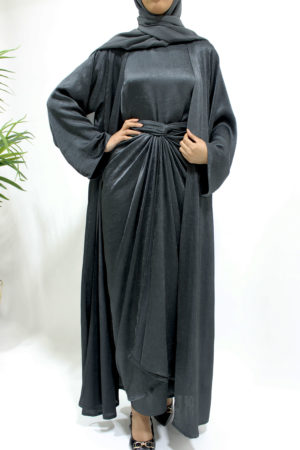 AMANIS LIMITED EDITION 4 PIECE CRUSHED SATIN OPEN ABAYA SET - ANCHOR GREY 1