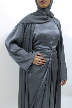 AMANIS LIMITED EDITION 4 PIECE CRUSHED SATIN OPEN ABAYA SET - COOL GREY 1