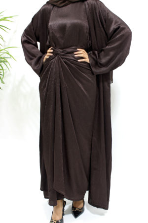 AMANIS LIMITED EDITION 4 PIECE CRUSHED SATIN OPEN ABAYA SET - DARK BROWN 1