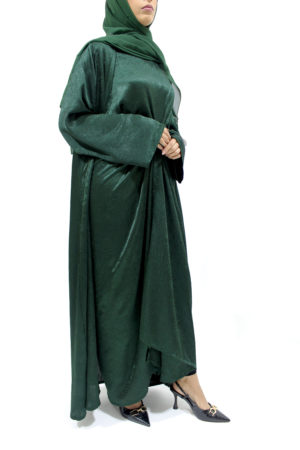 AMANIS LIMITED EDITION 4 PIECE CRUSHED SATIN OPEN ABAYA SET - FOREST GREEN 1