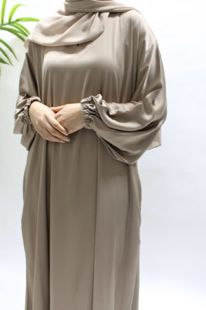 DARK BEIGE TEXTURED SATIN ABAYA WITH POCKETS - 1