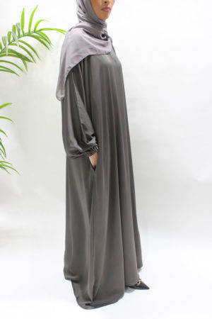 DARK TAUPE TEXTURED SATIN ABAYA WITH POCKETS - 1