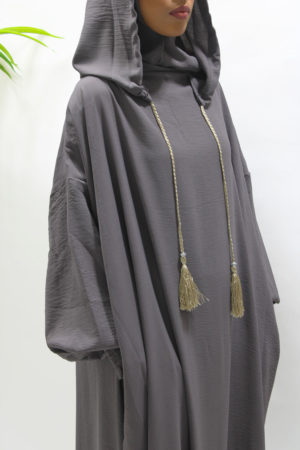 DOUBLE HOODED PRAYER ABAYA WITH POCKETS - MOON GREY 1