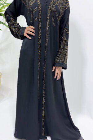 GOLD EMBELLISHED OPEN ABAYA - BLACK 1