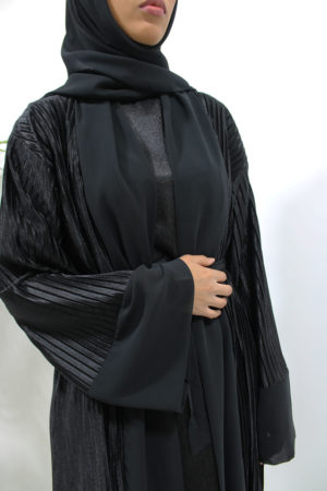 PLEATED SATIN OPEN ABAYA - BLACK 1