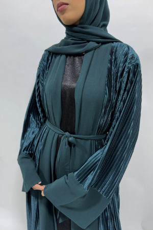 PLEATED SATIN OPEN ABAYA - GREEN TEAL 1