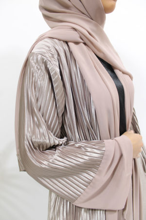 PLEATED SATIN OPEN ABAYA - PINK NUDE 1