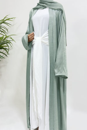 PREMIUM OPEN ABAYA WITH INNER SLIP DRESS - SAGE GREEN 1