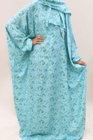 COTTON FLORAL PRINT PRAYER DRESS WITH ATTACHED HIJAB - AQUA BLUE 1