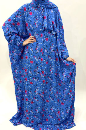 COTTON FLORAL PRINT PRAYER DRESS WITH ATTACHED HIJAB - BRIGHT BLUE 1