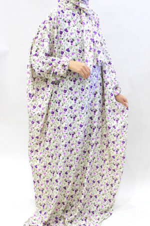 COTTON FLORAL PRINT PRAYER DRESS WITH ATTACHED HIJAB - BUTTER MILK 1