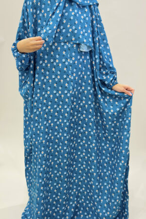 COTTON FLORAL PRINT PRAYER DRESS WITH ATTACHED HIJAB - DARK TURQUOISE 1