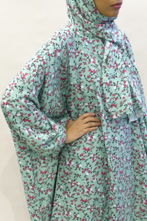 COTTON FLORAL PRINT PRAYER DRESS WITH ATTACHED HIJAB - MINT GREEN 1