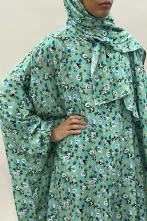 COTTON FLORAL PRINT PRAYER DRESS WITH ATTACHED HIJAB - PERSIAN GREEN 1