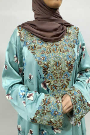 FLORAL PRINT MUKHAWAR JALABIYA - AQUA